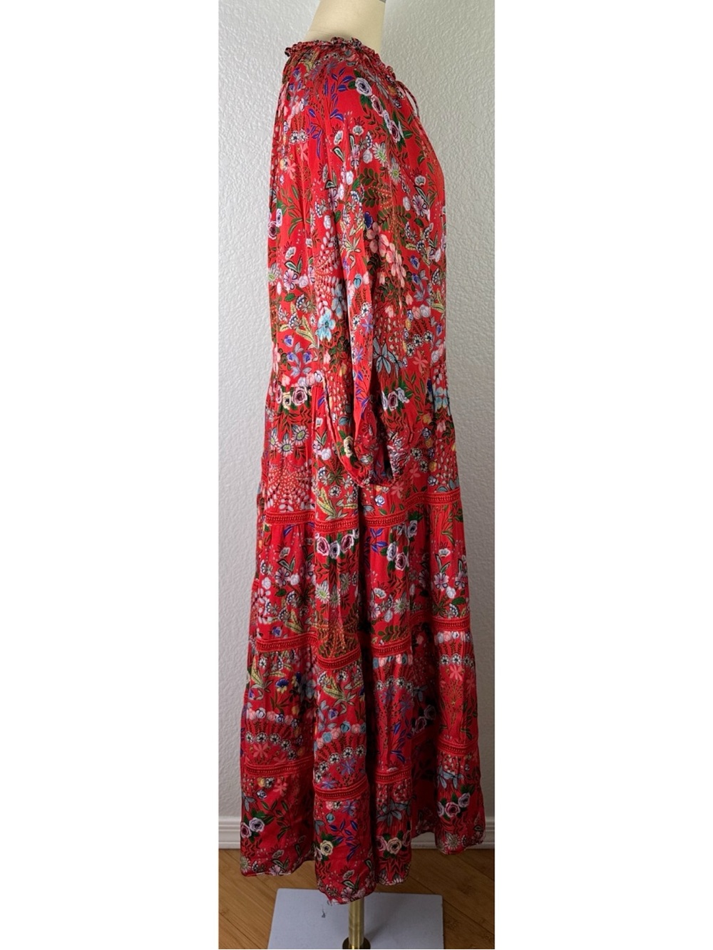 Alice + Olivia Layla Tiered Ruffle Midi Dress Red Floral Boho Coastal Large - Picture 6 of 16